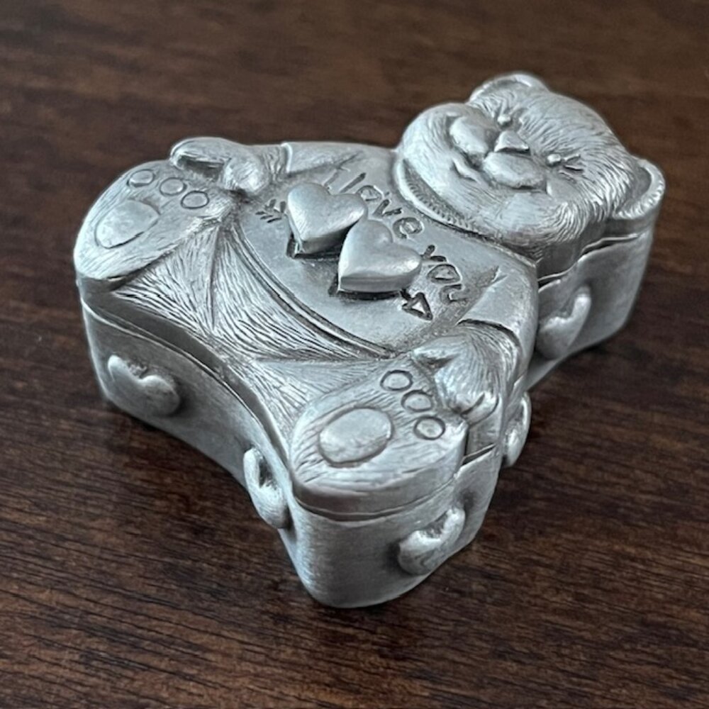 Vintage Pewter Jewlery Set Bear Trinket Box Earrings Necklace Brooch Pin Child - Picture 2 of 11